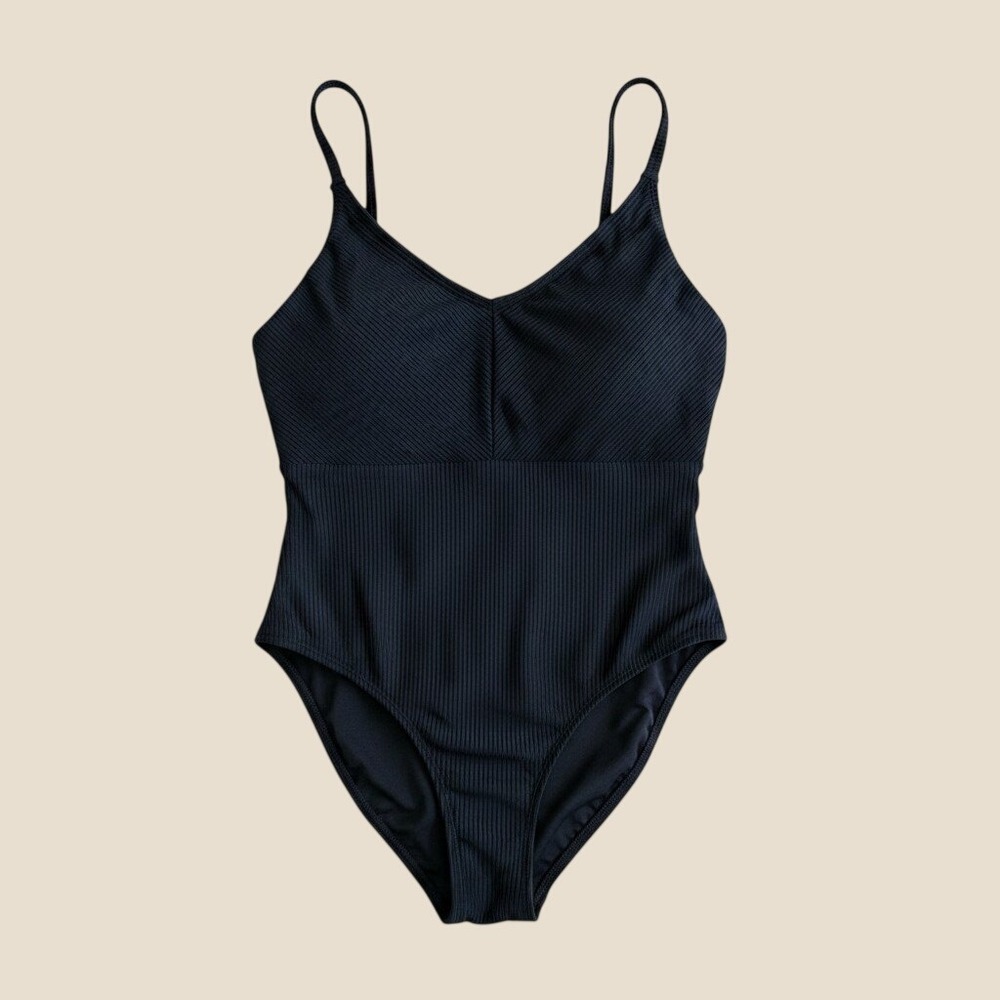 O'Rageous Womens Ribbed One Piece Swimsuit Black V-Neck Size S RN098223